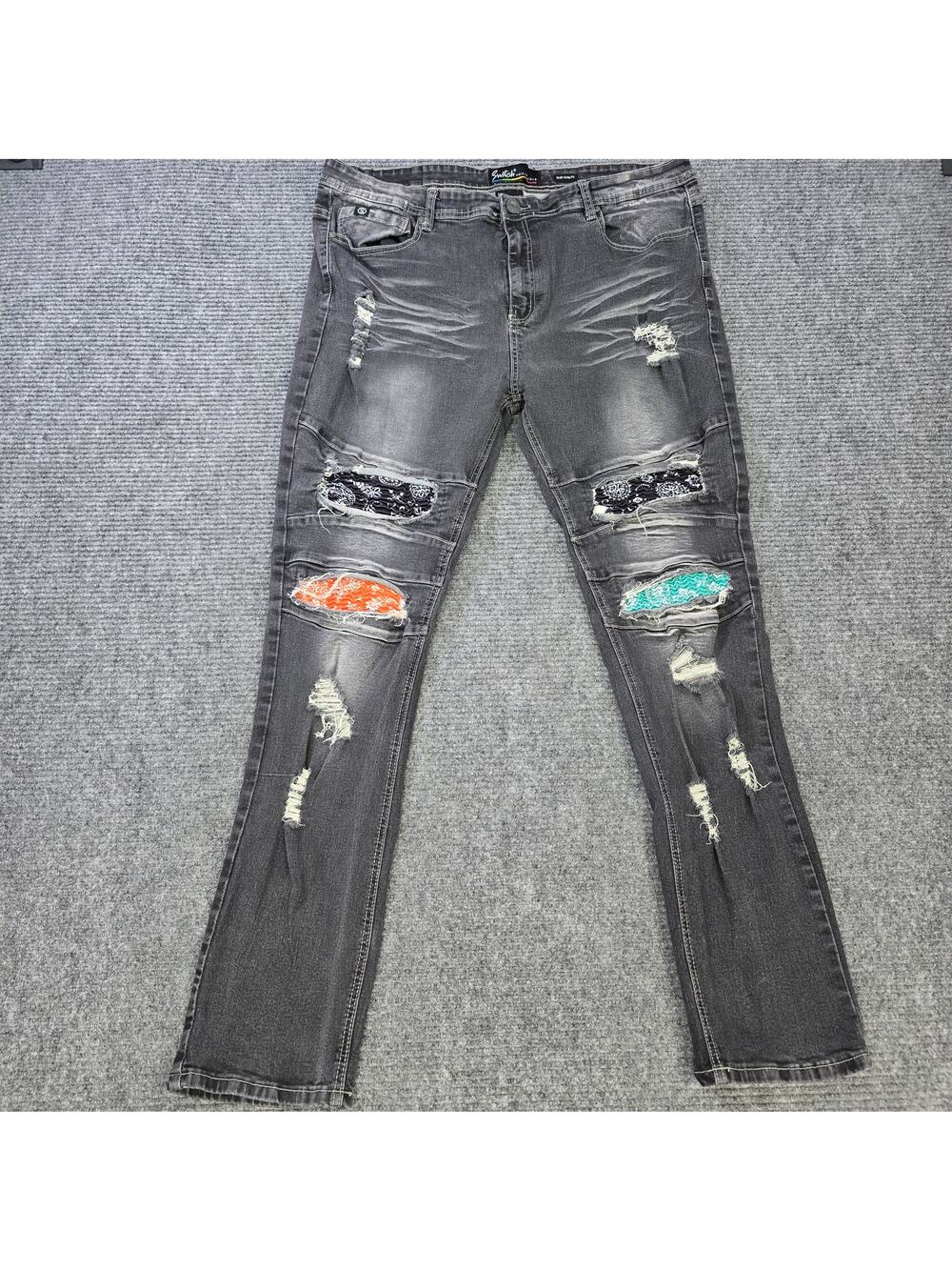 Switch Remarkable Jeans Men's 42x34 Gray Slim Taper Distressed Bandana Patch